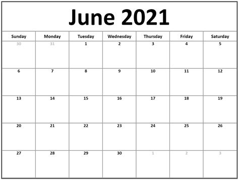 Blank Calendar June 2021 Printable